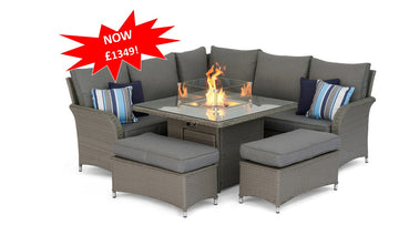 Outdoor patio furniture set with fire pit table on a white background, featuring a red sale label.
